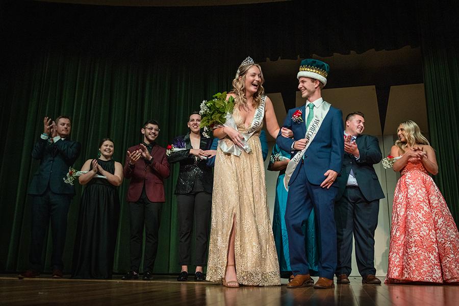 Ryan Shurvington and 安妮把 react after being crowned Northwest's Homecoming king and queen Friday night during the Homecoming Variety Show. (Photos by Todd Weddle/Northwest Missouri State University)